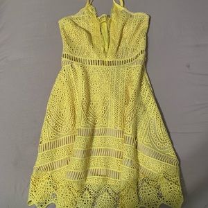 Yellow crochet lace plunge straps skater dress